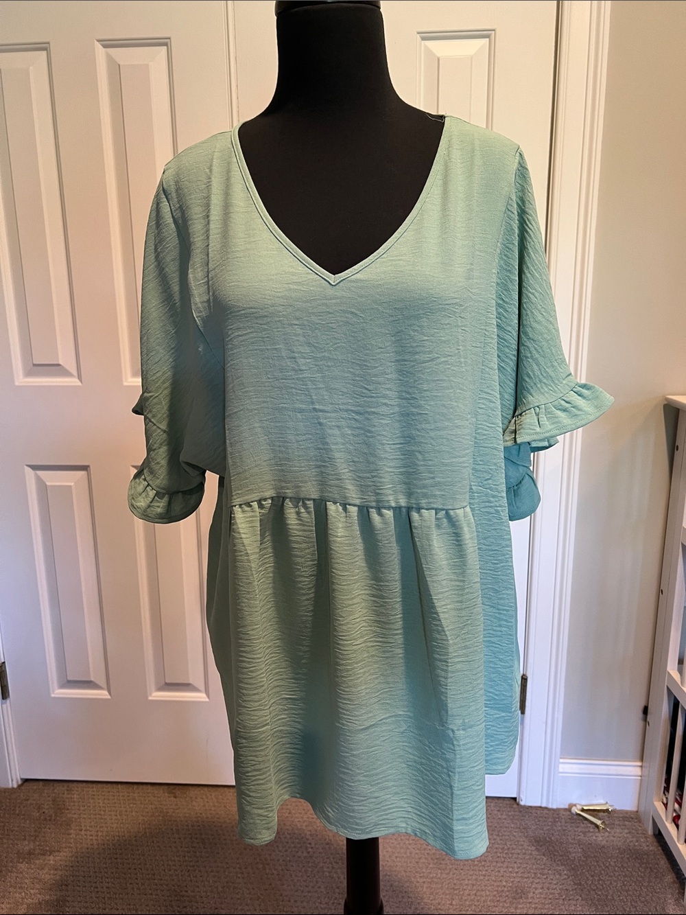 V-neck ruffle sleeve Babydoll blouse in Sage Green